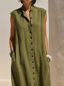 Women's Premium Minimalist Cotton-Linen — Stand Collar, Sleeveless, Loose Fit, Maxi Dress ZMZ2740E5ZYY
