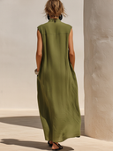 Women's Premium Minimalist Cotton-Linen — Stand Collar, Sleeveless, Loose Fit, Maxi Dress ZMZ2740E5ZYY