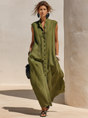 Women's Premium Minimalist Cotton-Linen — Stand Collar, Sleeveless, Loose Fit, Maxi Dress ZMZ2740E5ZYY