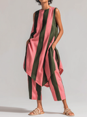 Women's Premium Vintage Cotton-Linen Set: Pink & Olive Green Vertical Stripe Print, Crew Neck, Sleeveless Long Top And Trousers ZMZ2777E6ZYY