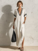 Women's Premium Minimalist Satin V-Neck Short-Sleeve Loose Maxi Dress ZMZ2741E5ZYY