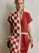 Women's Premium Vintage Cotton-Linen Printed V-Neck Short-Sleeve Loose Maxi Dress ZMZ2793E5ZYY