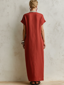 Women's Premium Vintage Cotton-Linen Printed V-Neck Short-Sleeve Loose Maxi Dress ZMZ2793E5ZYY