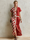 Women's Premium Vintage Cotton-Linen Printed V-Neck Short-Sleeve Loose Maxi Dress ZMZ2793E5ZYY