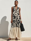 Women's Premium Vintage Cotton-Linen Printed Sleeveless Loose-Fit With Henley Collar Maxi Dress ZMZ2742E3ZYY