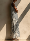 Women's Minimalist Elegant Style Striped Sleeveless Top & Floral Print Rayon Maxi Skirt Co-ord Set ZMZ2703E1YZH