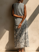Women's Minimalist Elegant Style Striped Sleeveless Top & Floral Print Rayon Maxi Skirt Co-ord Set ZMZ2703E1YZH