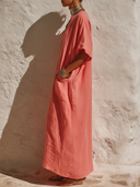 Women's Bohemian Resort Style Linen-Cotton Henley Neck Dolman Sleeve Maxi Kaftan Dress ZMZ2773E2YZH