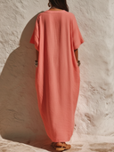 Women's Bohemian Resort Style Linen-Cotton Henley Neck Dolman Sleeve Maxi Kaftan Dress ZMZ2773E2YZH