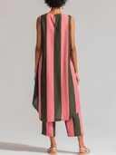 Women's Premium Vintage Cotton-Linen Set: Pink & Olive Green Vertical Stripe Print, Crew Neck, Sleeveless Long Top And Trousers ZMZ2777E6ZYY