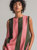 Women's Premium Vintage Cotton-Linen Set: Pink & Olive Green Vertical Stripe Print, Crew Neck, Sleeveless Long Top And Trousers ZMZ2777E6ZYY