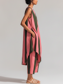 Women's Premium Vintage Cotton-Linen Set: Pink & Olive Green Vertical Stripe Print, Crew Neck, Sleeveless Long Top And Trousers ZMZ2777E6ZYY