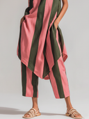 Women's Premium Vintage Cotton-Linen Set: Pink & Olive Green Vertical Stripe Print, Crew Neck, Sleeveless Long Top And Trousers ZMZ2777E6ZYY