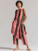 Women's Premium Vintage Cotton-Linen Set: Pink & Olive Green Vertical Stripe Print, Crew Neck, Sleeveless Long Top And Trousers ZMZ2777E6ZYY