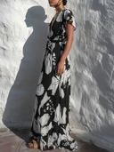Women's Elegant Resort Style Rayon Butterfly Print Deep V-Neck Tie-Waist Dolman Sleeve Maxi Dress ZMZ2791E6YZH