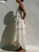 Women's Resort Style Linen-Cotton Tiered Ruffle Square Neck Asymmetric Hem Midi Dress ZMZ2793E1YZH