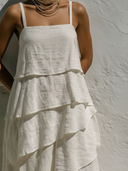 Women's Resort Style Linen-Cotton Tiered Ruffle Square Neck Asymmetric Hem Midi Dress ZMZ2793E1YZH
