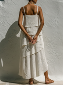 Women's Resort Style Linen-Cotton Tiered Ruffle Square Neck Asymmetric Hem Midi Dress ZMZ2793E1YZH