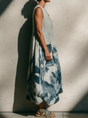 Women's Artistic Casual Style Linen-Cotton Watercolor Leaf Print Sleeveless A-Line Midi Dress ZMZ2736E8YZH