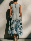 Women's Artistic Casual Style Linen-Cotton Watercolor Leaf Print Sleeveless A-Line Midi Dress ZMZ2736E8YZH
