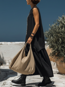 Women's Minimalist Style Linen-Cotton Patchwork Grid Print Sleeveless Top & Maxi Skirt Co-ord Set ZMZ2751E5YZH