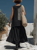 Women's Minimalist Style Linen-Cotton Patchwork Grid Print Sleeveless Top & Maxi Skirt Co-ord Set ZMZ2751E5YZH