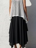 Women's Minimalist Resort Style Crochet Mesh Knit Sleeveless Cover-Up & Linen Asymmetric Midi Dress Two-Piece Set ZMZ2770E7YZH
