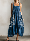 Women's Retro Casual Ethnic Geometric Print Square Neck Loose Sleeveless Midi Dress  ZMZ2750E5ZJY