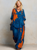Women's Retro Casual Cool Color Block Print V-Neck Elbow-Sleeve Top And Pants Set ZMZ2722E6ZJY