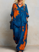 Women's Retro Casual Cool Color Block Print V-Neck Elbow-Sleeve Top And Pants Set ZMZ2722E6ZJY