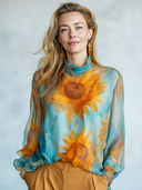 Women's Retro Chiffon Sunflower Floral Stand Collar Long Sleeve T-shirt ZMZ2733E2ZJY