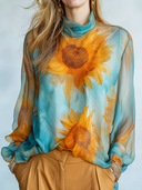 Women's Retro Chiffon Sunflower Floral Stand Collar Long Sleeve T-shirt ZMZ2733E2ZJY