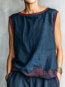 Women's Retro Casual Cotton Linen Embroidered Round Neck Sleeveless Top ZMZ2752E6ZJY