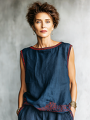 Women's Retro Casual Cotton Linen Embroidered Round Neck Sleeveless Top ZMZ2752E6ZJY