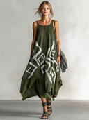 Women's Retro Casual Ethnic Geometric Print Square Neck Loose Sleeveless Midi Dress ZMZ2711E1ZJY