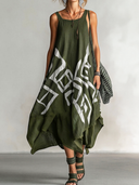 Women's Retro Casual Ethnic Geometric Print Square Neck Loose Sleeveless Midi Dress ZMZ2711E1ZJY