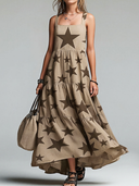 Women's Retro Casual Western Style Star Print Square Neck Sleeveless Maxi Dress ZMZ2719E2ZJY