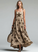 Women's Retro Casual Western Style Star Print Square Neck Sleeveless Maxi Dress ZMZ2719E2ZJY