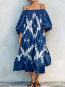 Women's Retro Casual Ethnic Geometric Print Off-Shoulder Loose Short Sleeve Midi Dress ZMZ2746E1ZJY