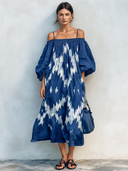 Women's Retro Casual Ethnic Geometric Print Off-Shoulder Loose Short Sleeve Midi Dress ZMZ2746E1ZJY