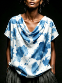 Women's Artistic Casual Style Rayon Watercolor Splash Print Cowl Neck Short Sleeve Blouse ZMZ2871E9YZH