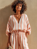 Women's Casual Vacation-Style Vertical Stripes Cotton Linen V-Neck Lantern-Sleeve Shirt ZMZ2807E8ZYY