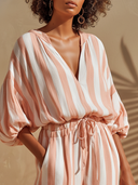 Women's Casual Vacation-Style Vertical Stripes Cotton Linen V-Neck Lantern-Sleeve Shirt ZMZ2807E8ZYY