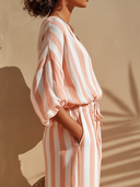 Women's Casual Vacation-Style Vertical Stripes Cotton Linen V-Neck Lantern-Sleeve Shirt ZMZ2807E8ZYY