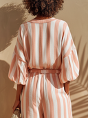 Women's Casual Vacation-Style Vertical Stripes Cotton Linen V-Neck Lantern-Sleeve Shirt ZMZ2807E8ZYY