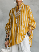 Women's Casual Retro Stand Collar, Vertical Stripes, Cotton-Linen Blend, Half-Sleeves Loose-Fit Shirt ZMZ2818E2ZYY