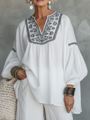 Women's Premium Vintage V-Neck Embroidery And Lantern Sleeves Loose Fit Cotton-Linen Shirt ZMZ2840E9ZYY