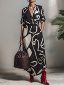 Women's Casual Retro Cotton-Linen Abstract Art Print V-Neck Short-Sleeve Dress ZMZ2807E7ZYY