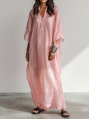 Women's Vacation & Casual Tencel Chiffon Maxi Dress — Loose-Fit, Short-Sleeve, Henley Collar (Includes Inner Slip Dress) ZMZ2879E4ZYY