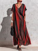 Women's Vintage-Style Casual Vacation  – Cotton-Linen Blend, Striped Print, V-Neck, Short Sleeves, Loose Fit Maxi Dress ZMZ2800E4ZYY